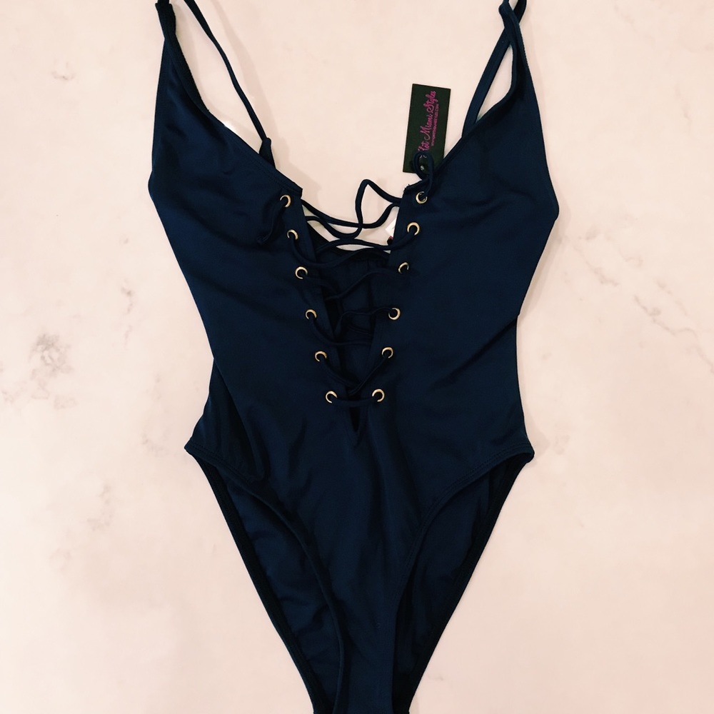 Navy Blue Lace-Up Swimsuit